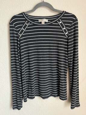 Michael Kors Ribbed Striped Long Sleeve Top with Shoulder Button Detail